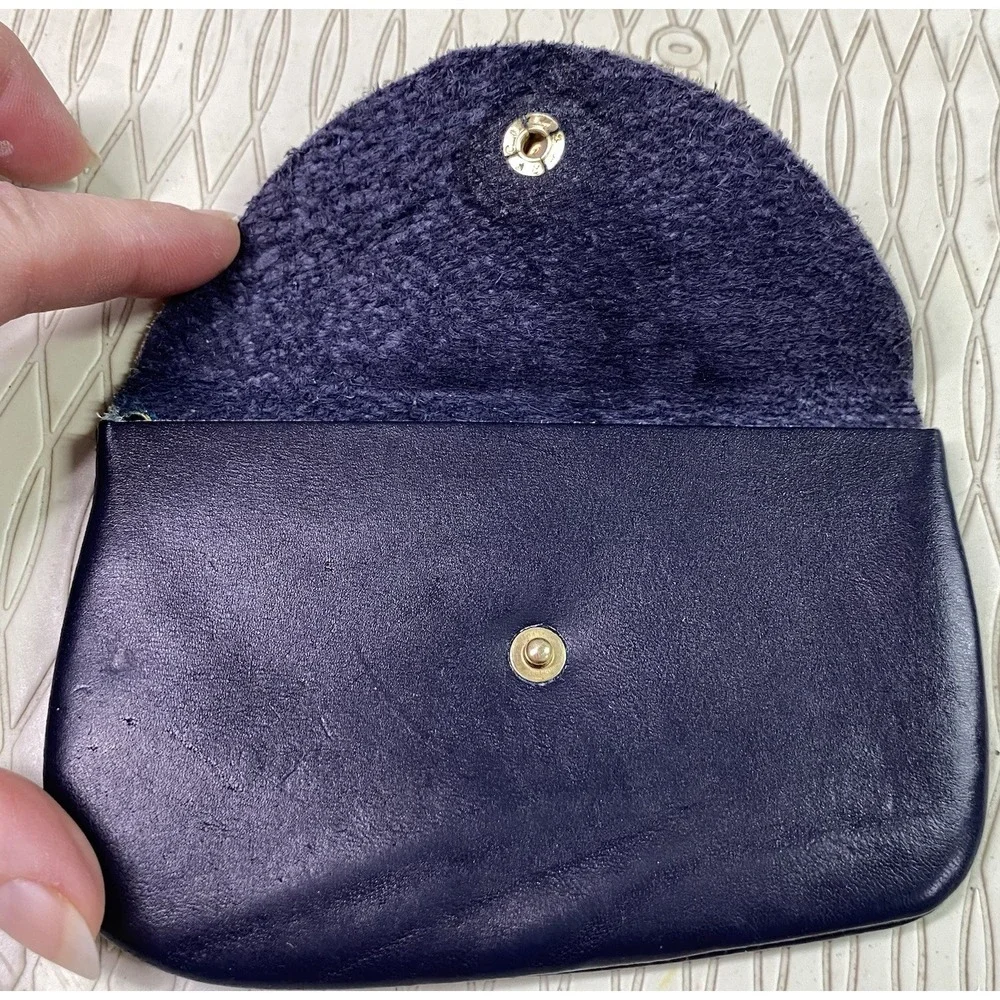 Vintage Genuine Leather Navy Blue Coin Holder Change Purse‎ Key Card Wallet 3x5